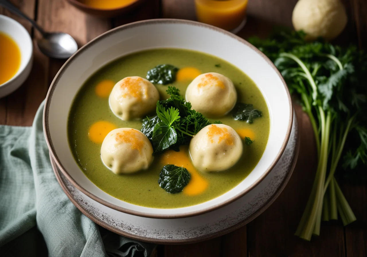 Creamy Swiss Chard Soup with Cheese-Paprika Dumplings