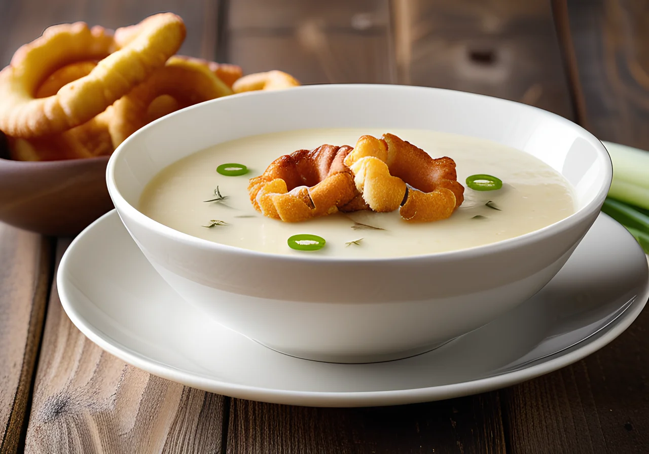 Creamy Potato Soup with Fried Pretzel Slices