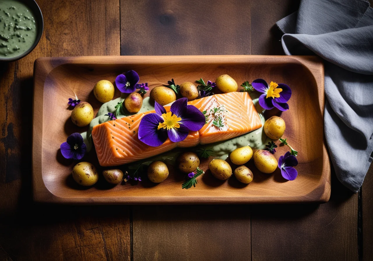 Salmon Fillet with Herb Sauce, Edible Flowers, and Potatoes