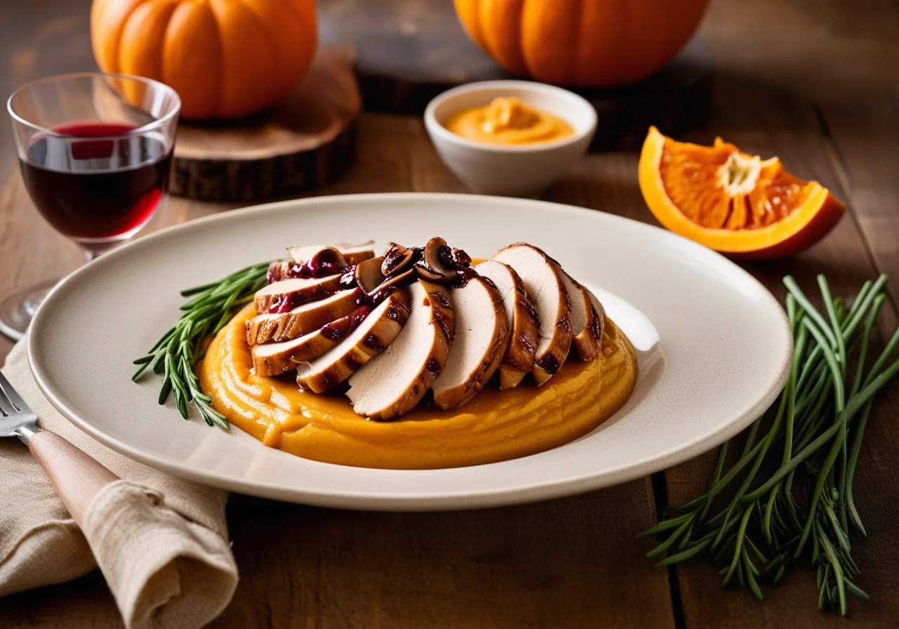 Chicken in Red Wine Sauce with Pumpkin Puree