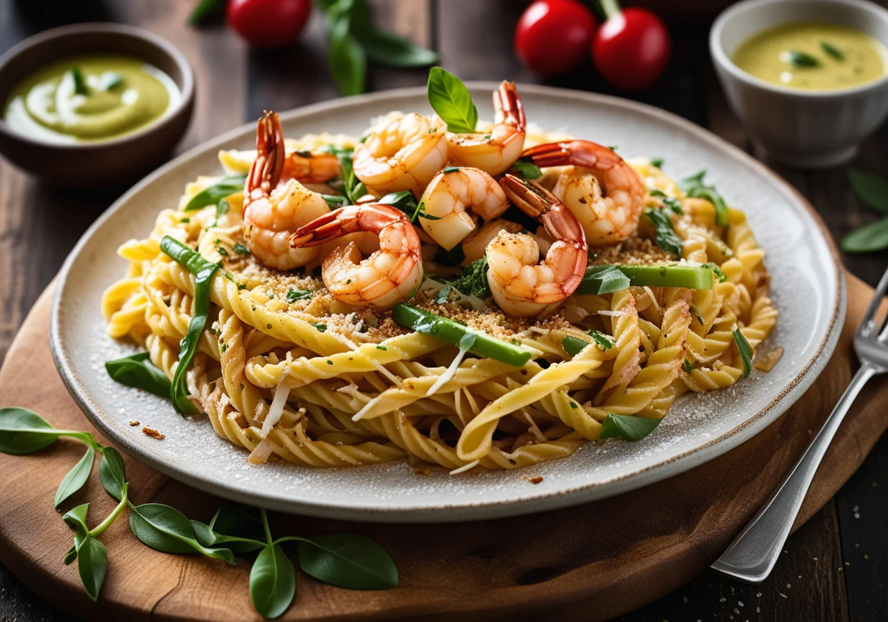 Pasta with Shrimp Skewers and Spicy Coconut Sauce