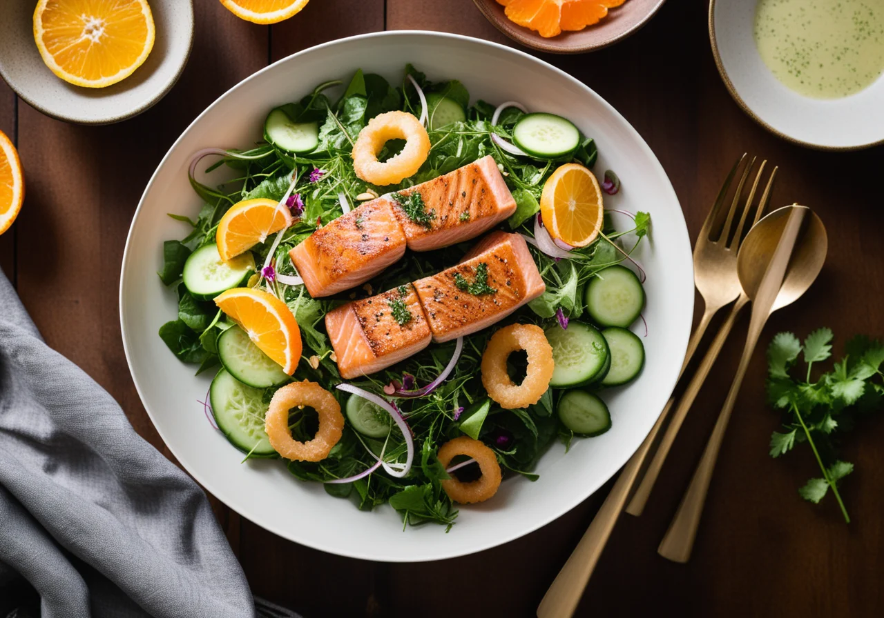 Mixed Leafy Greens Salad with Cucumber and Salmon