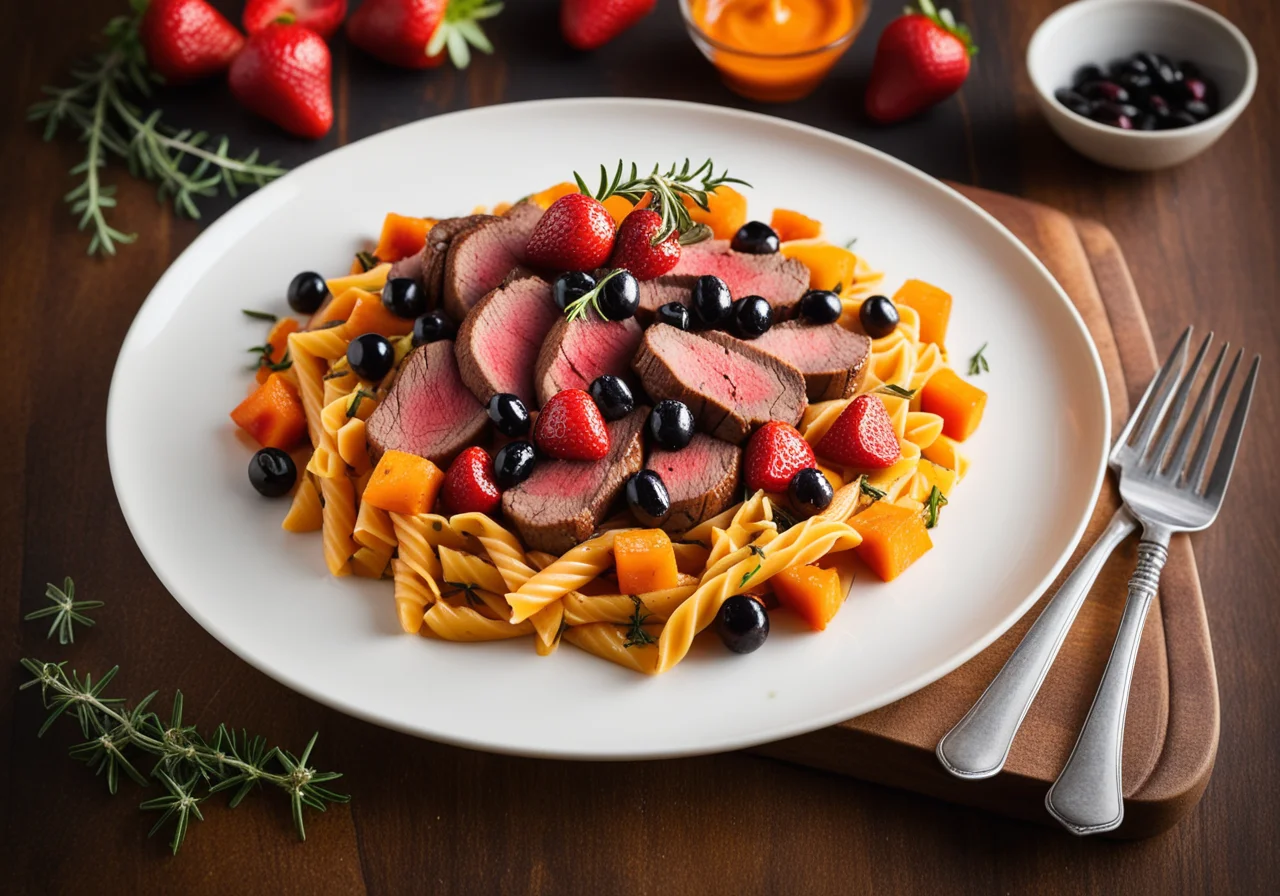 Strawberry Steak with Vegetables and Pasta