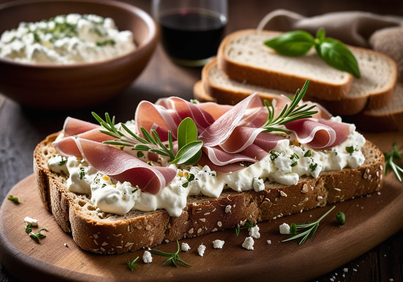 Whole grain bread with crumbly cottage cheese, Parma ham and herbs