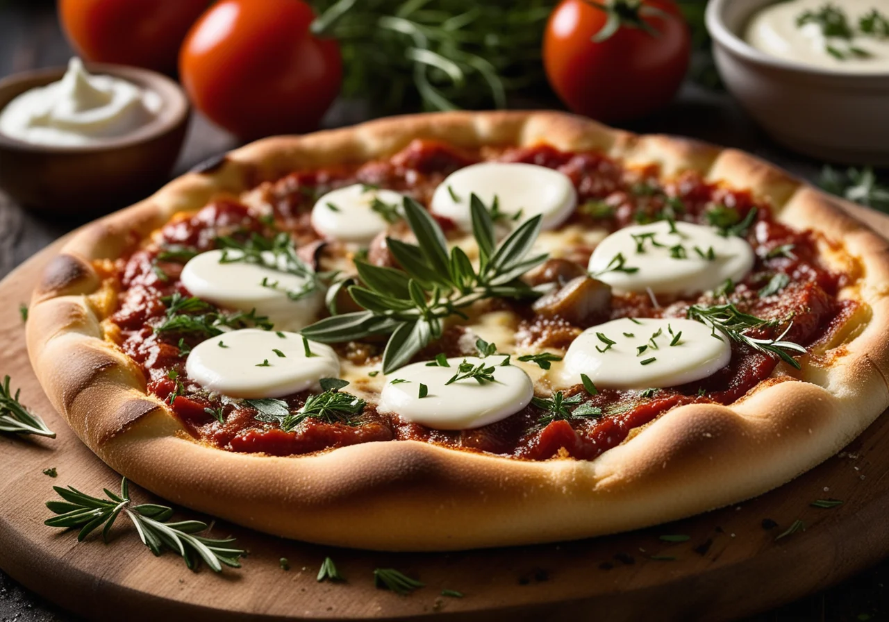 Pizza with Porcini Mushrooms, Onions, Tomatoes