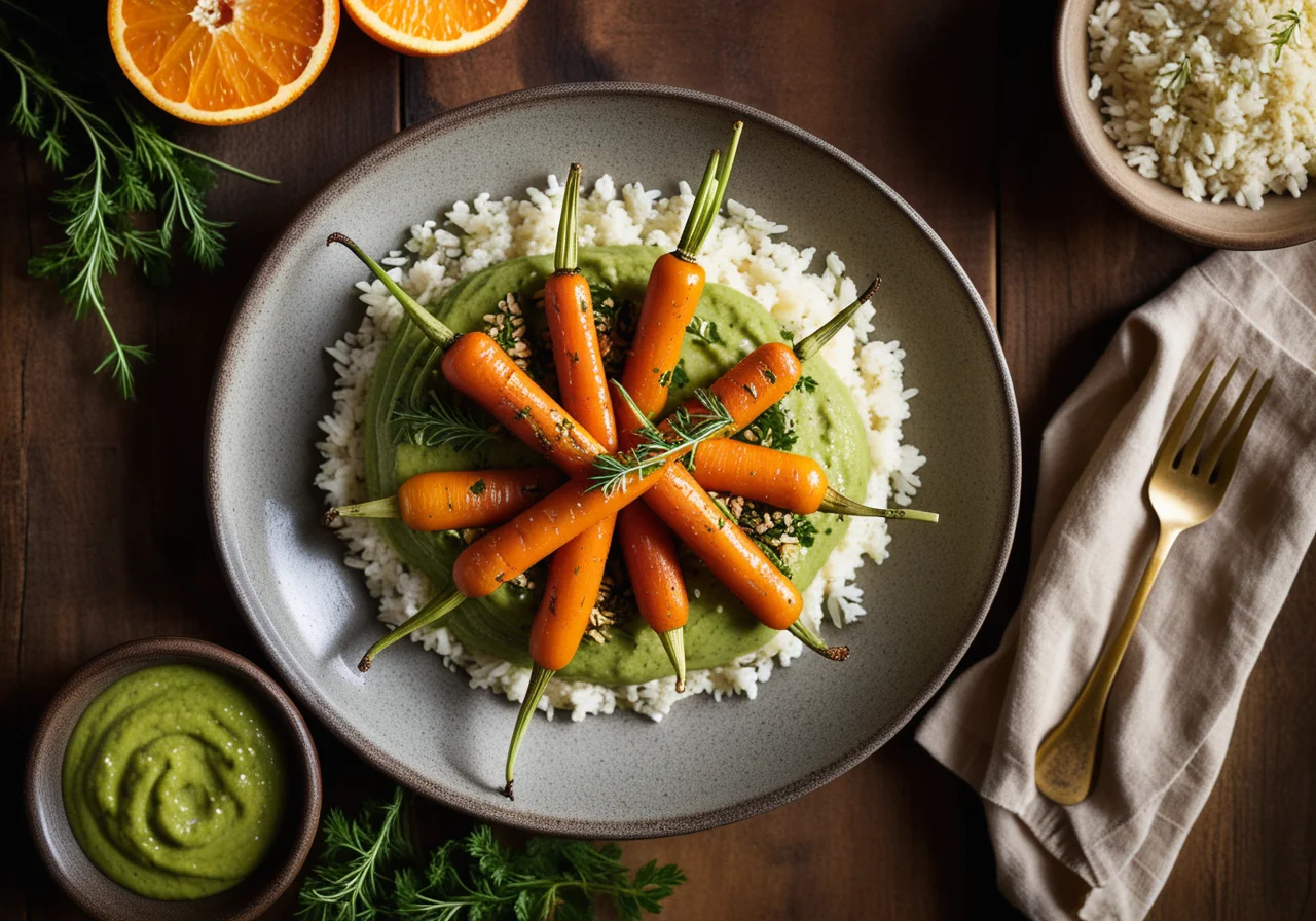Orange Oven Carrots on Pea Puree with Kamalis Rice