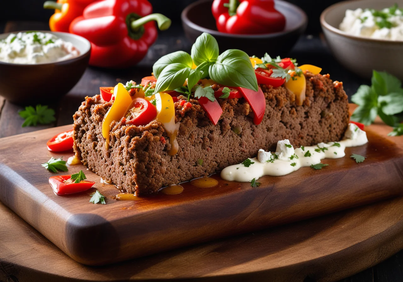 Ground Meat Loaf with Goat Cheese and Bell Peppers