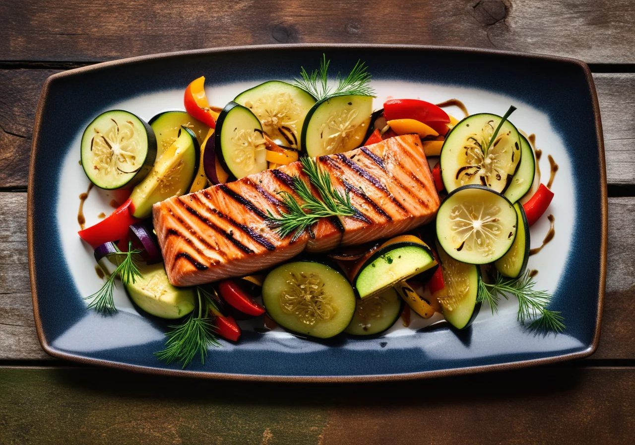 Salmon Fillet with Vegetables and Salad
