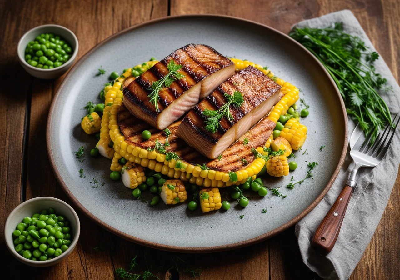 Red barbel with corn and peas
