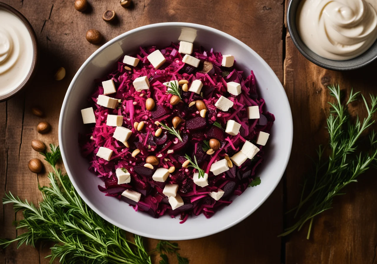 Russian Vegetable Salad with Beetroot and Mushrooms