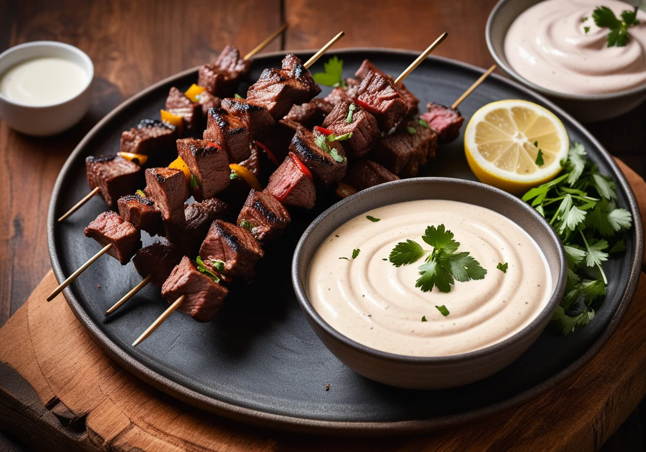 Indian-style meat skewers (Tandoori) with dip