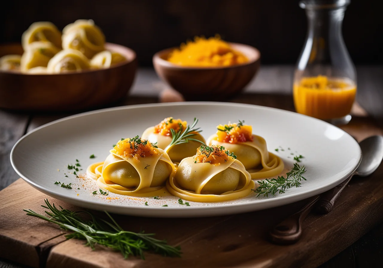 Stuffed saffron pasta with sardine caviar (bottarga)