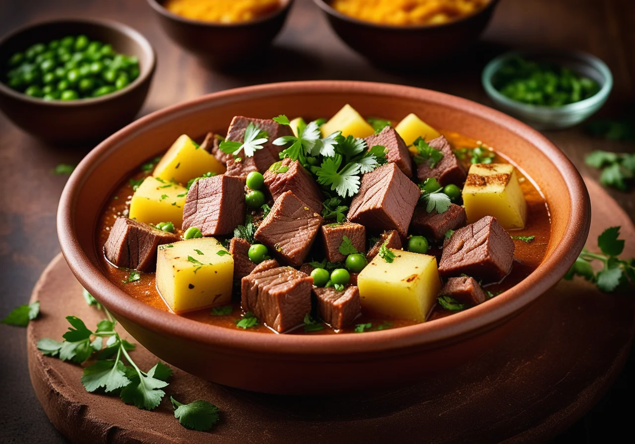 Indian-Style Meat Stew with Potatoes and Peas