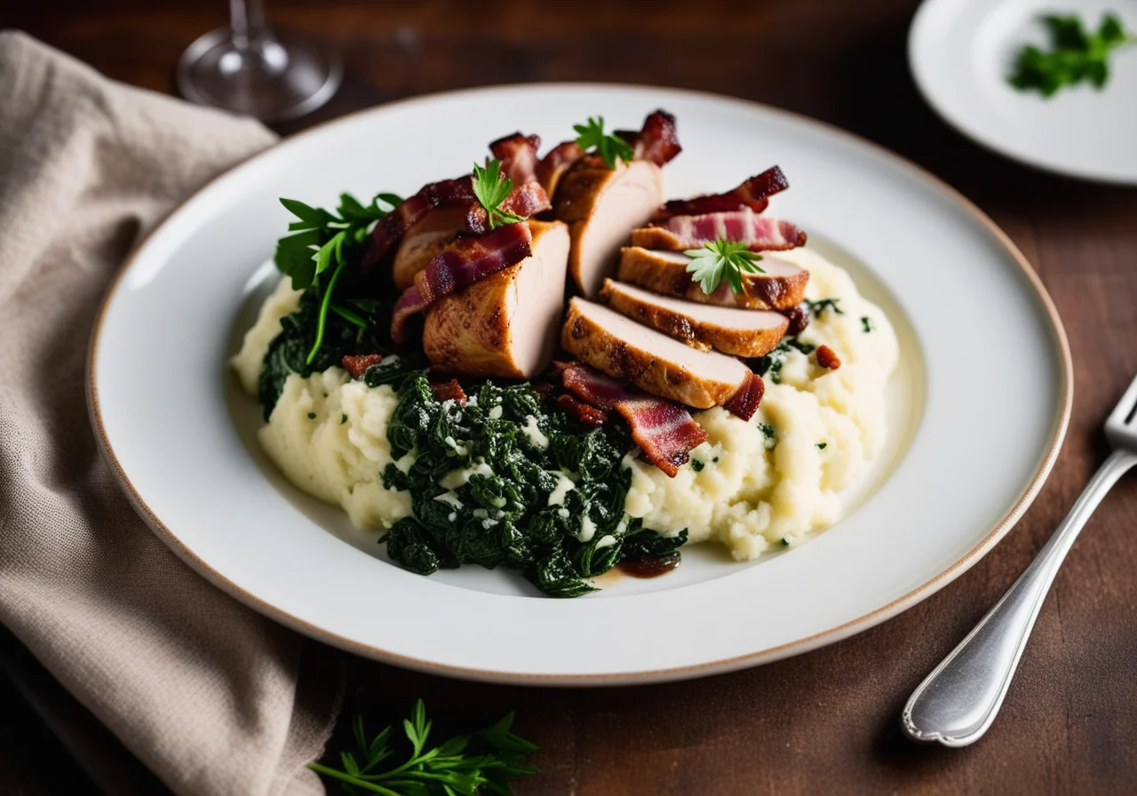 Chicken Breast Wrapped in Spinach with Mashed Potatoes and Capers