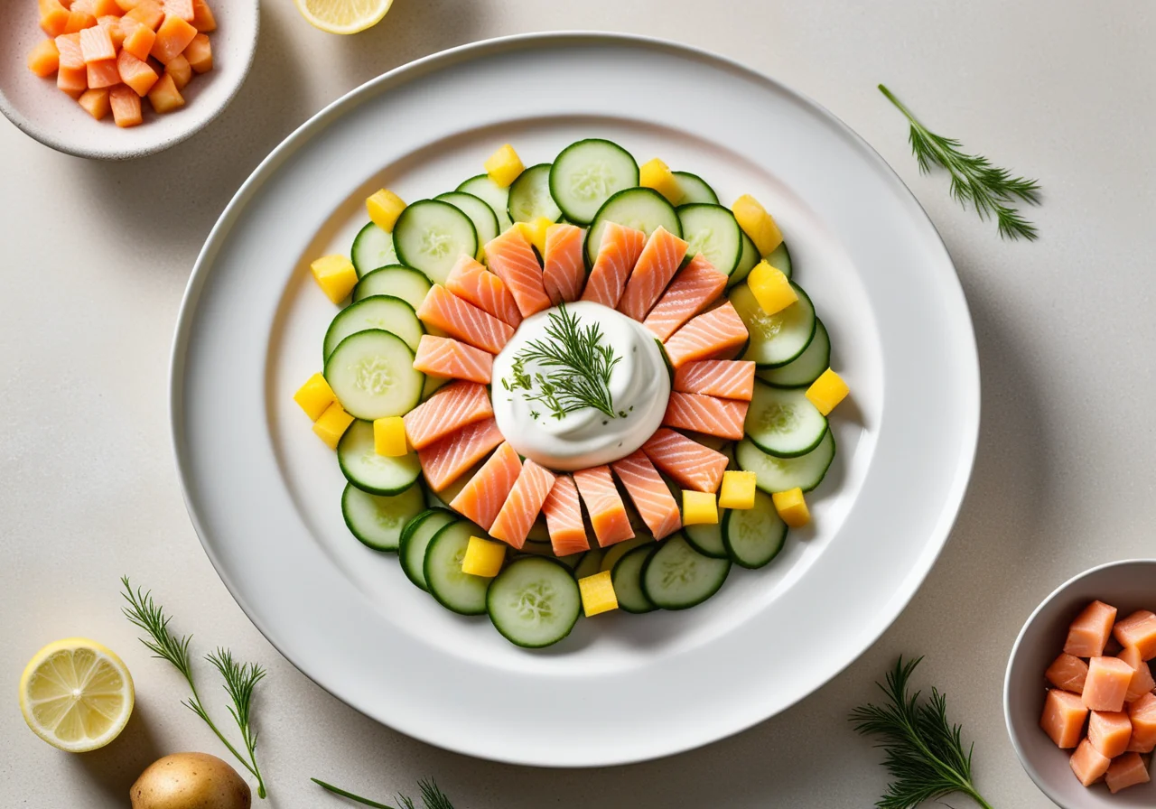 Starter with Salmon, Cucumbers and Potatoes