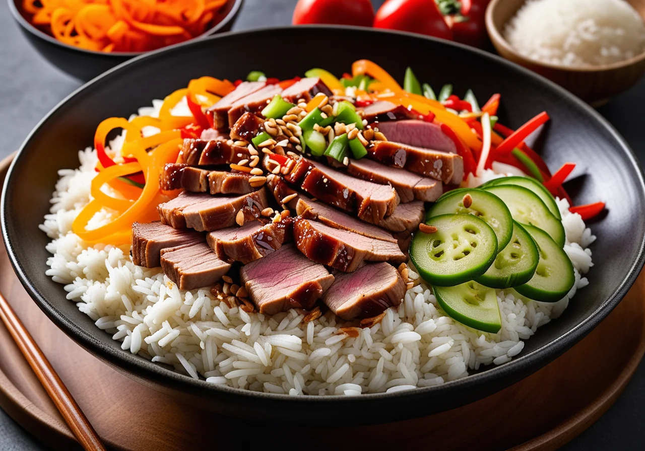 Pork strips with vegetables and rice (Thailand)