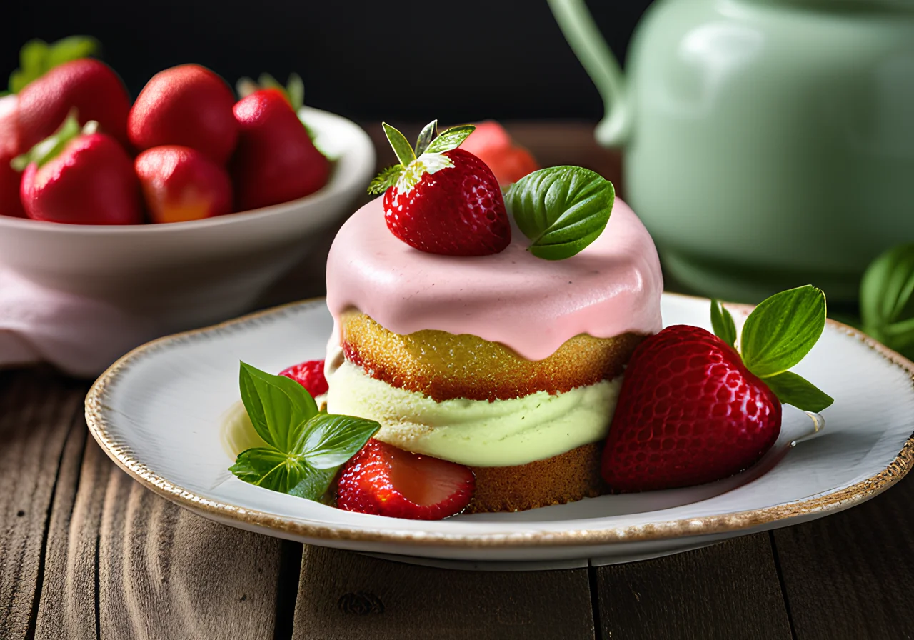 Strawberry Cake with Yogurt-Basil Cream