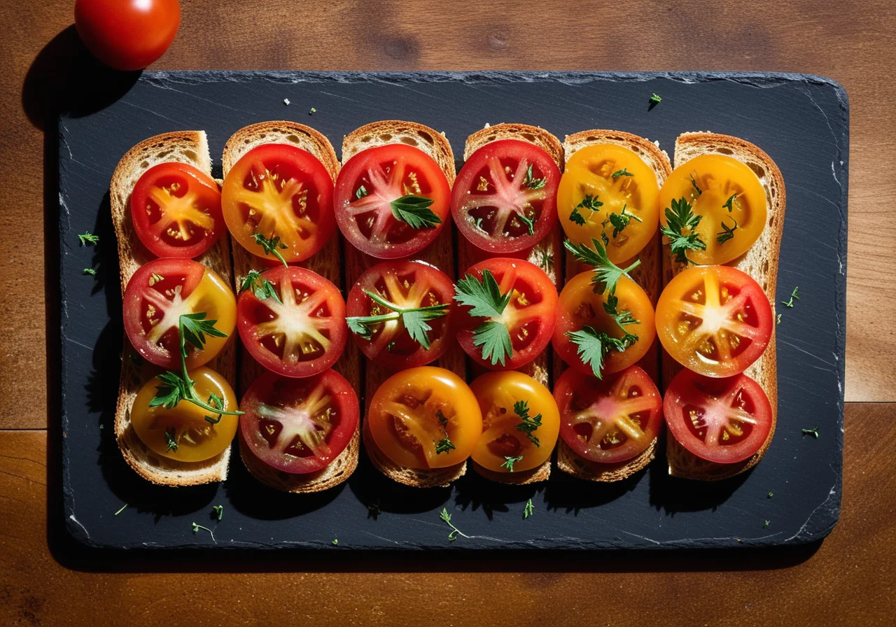 Roasted Bread with Yellow and Red Tomatoes