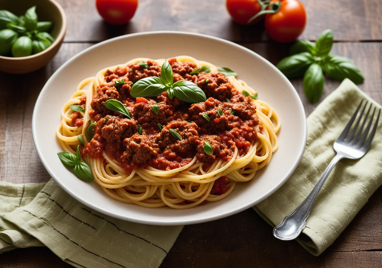 Spaghetti with Ground Meat Sauce and Olives