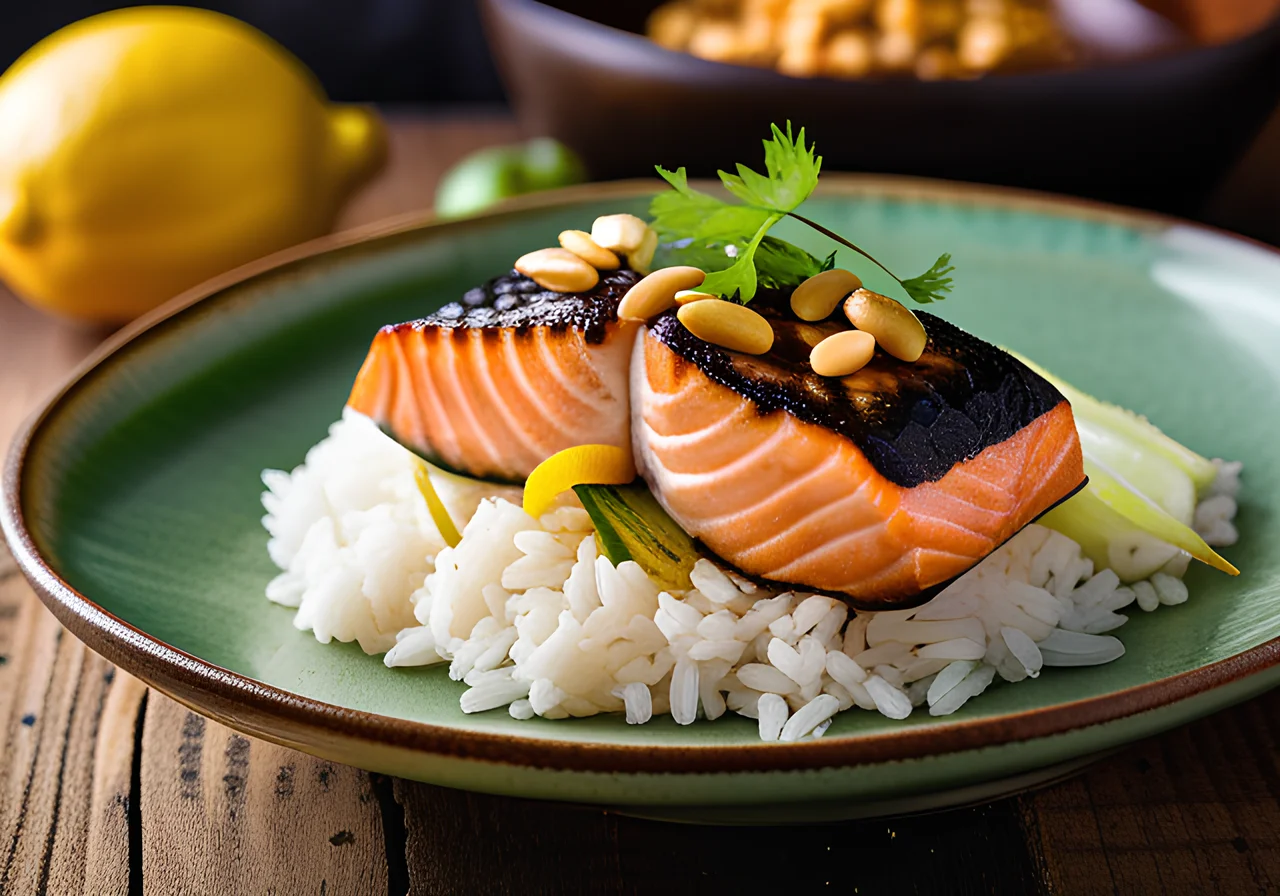 Asian Salmon Wrapped in Parchment on Rice and Pak Choi