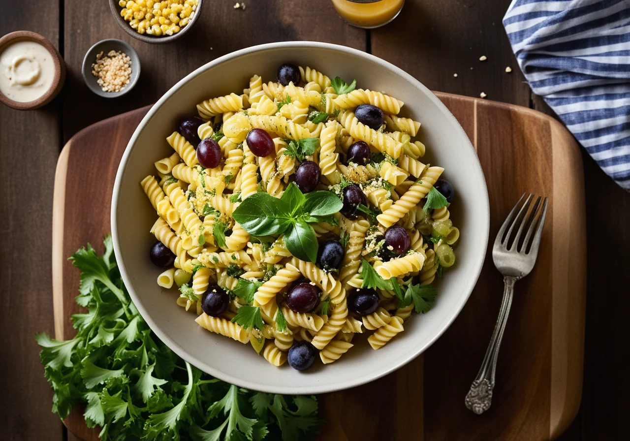 Pasta Salad with Grapes, Fish and Corn