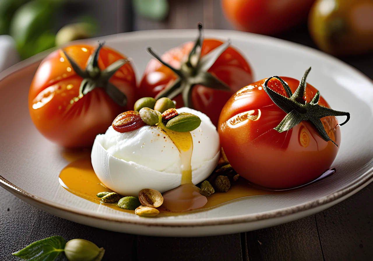 Honey-Baked Tomatoes with Burrata and Pistachios