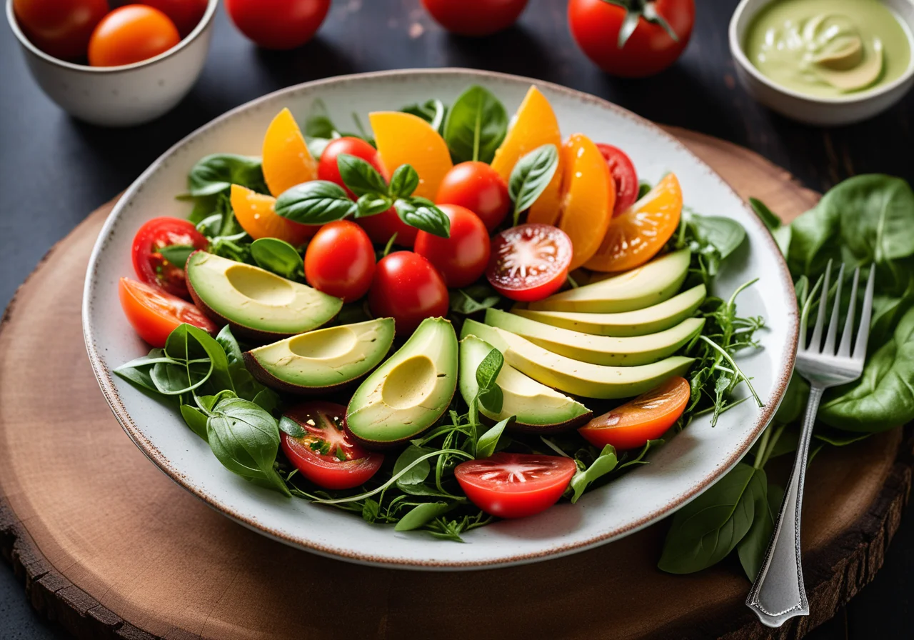 Colorful Leafy Salad with Avocado, Tomato and Sprouts