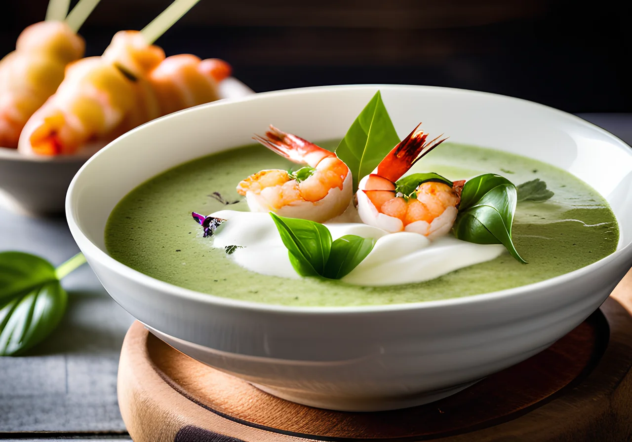 Light Basil Soup with Lemongrass Shrimp Skewers