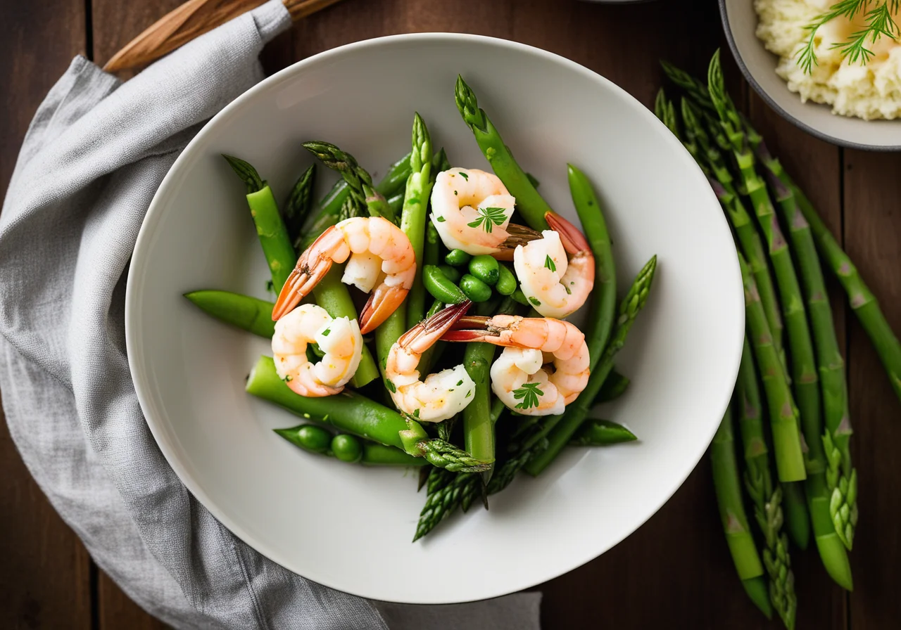 Spring Vegetables with Shrimp, Sauce and Herb Rice