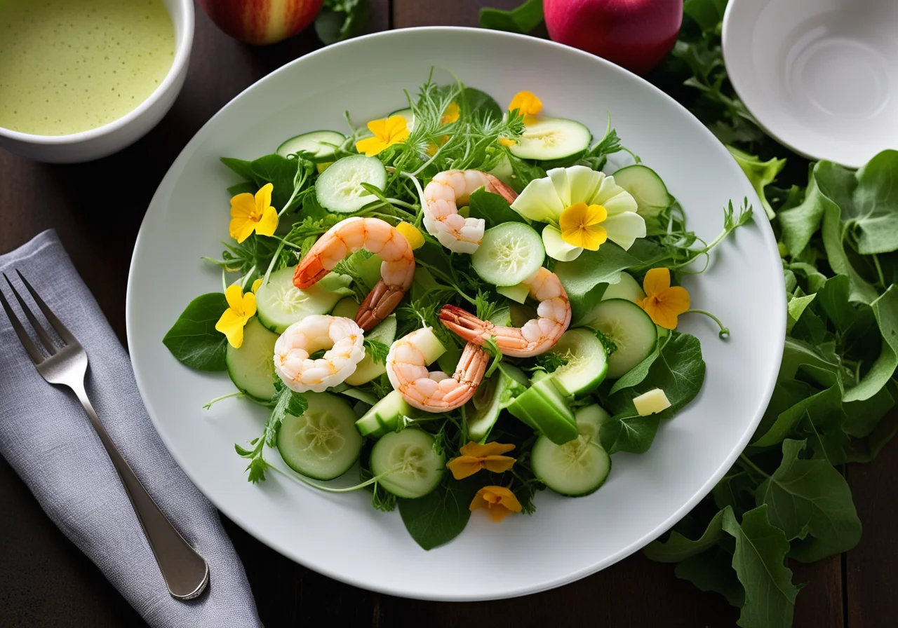 Summer Salad with Apples, Shrimp and Edible Flowers