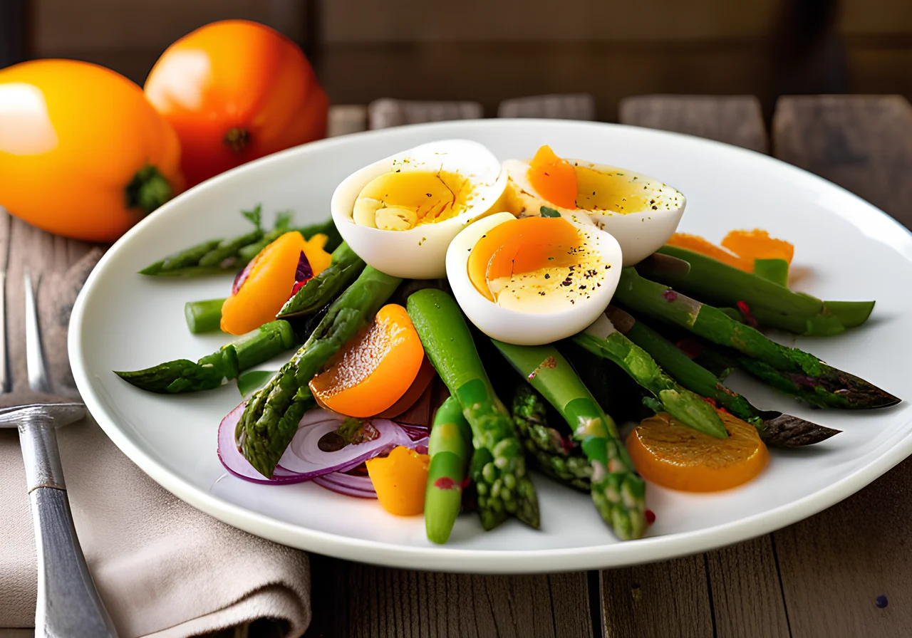 Colorful Leafy Salad with Eggs and Asparagus