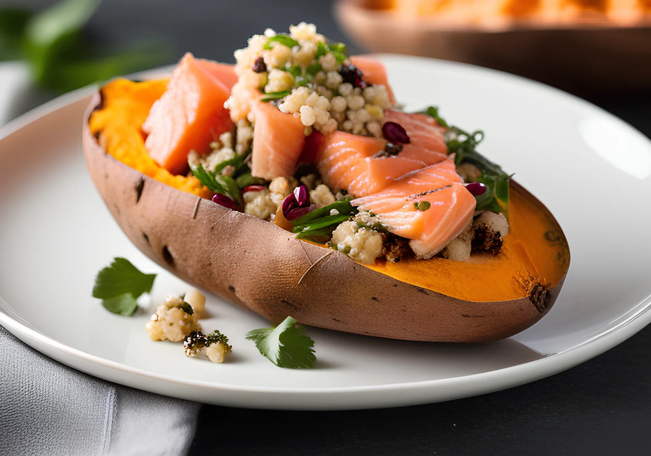 Baked Sweet Potato with Quinoa Salad and Salmon