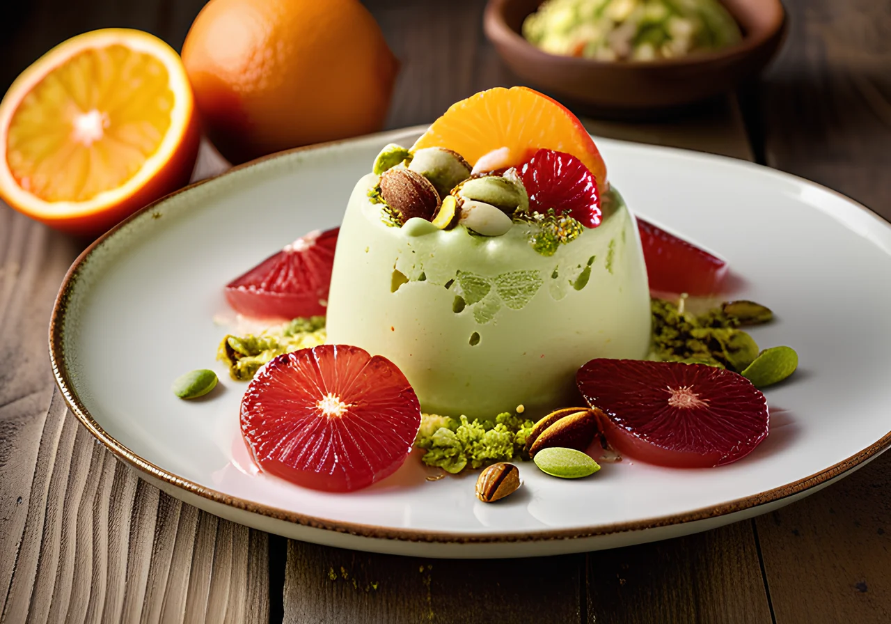 Pistachio Ice Cream on Marinated Orange and Grapefruit Fillets