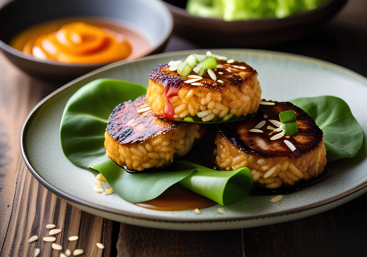 Asian Brown Rice Patties with Sweet‑And‑Sour Sauce and Sesame Pak Choi