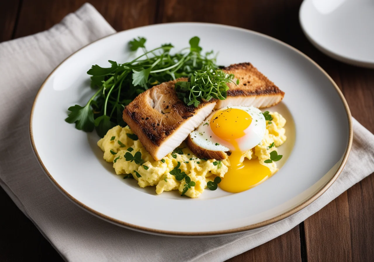 Pan‑fried Zander over Scrambled Eggs