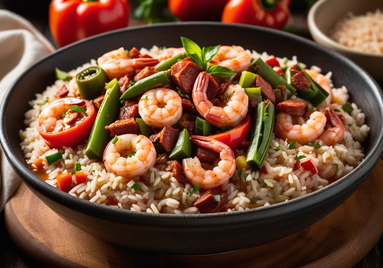 Rice pot with shrimp and sausage in Creole style