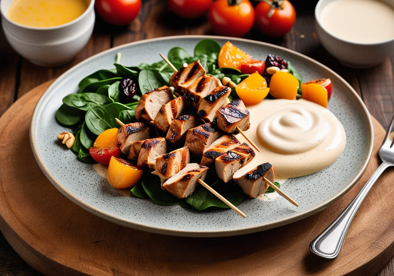 Chicken Skewers with Warm Spinach Salad and Yogurt Sauce