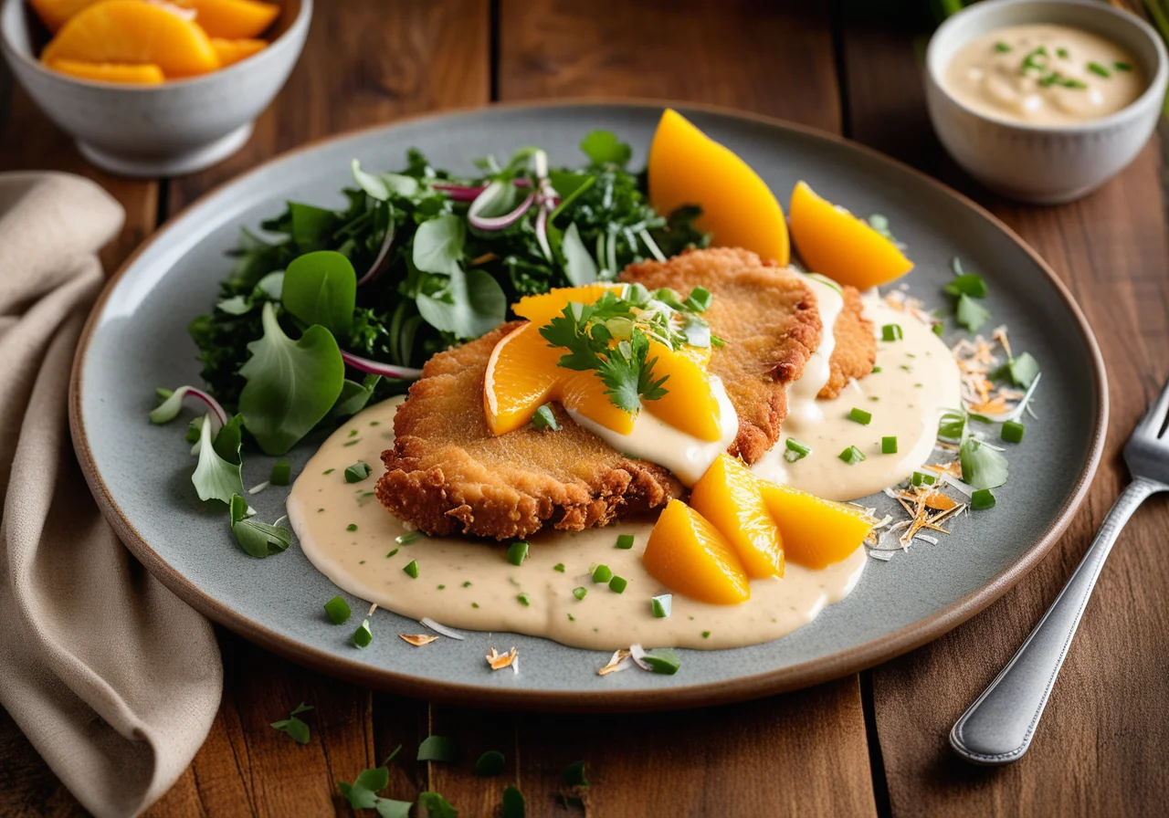 Schnitzel with Coconut Sauce and Mango Filling