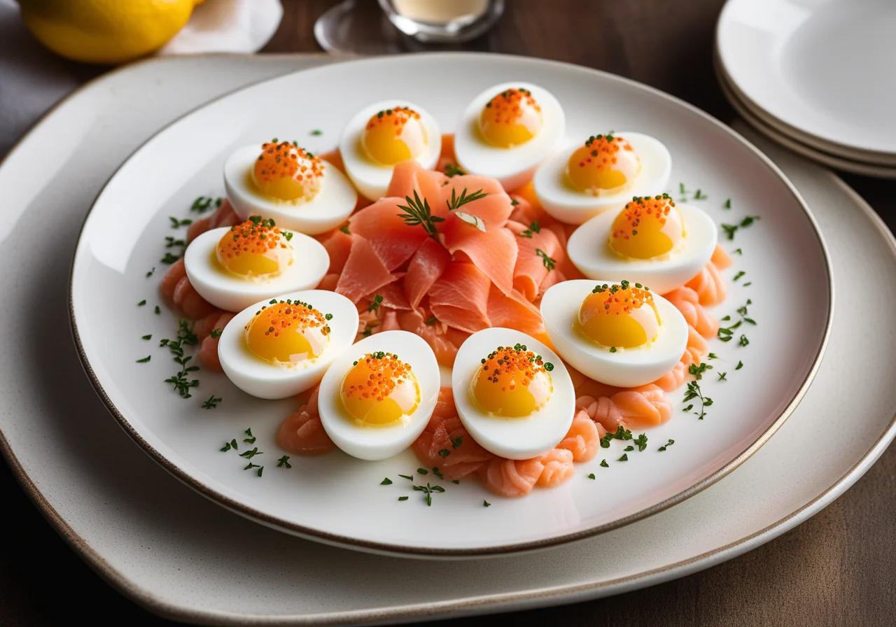 Boiled Eggs with Sour Cream, Caviar and Smoked Salmon