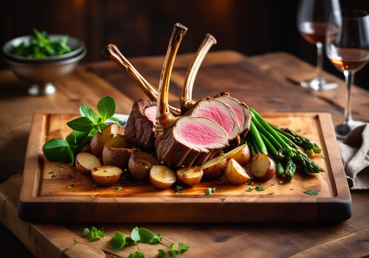 Roasted Lamb Rack with Vegetables and Mint Sauce