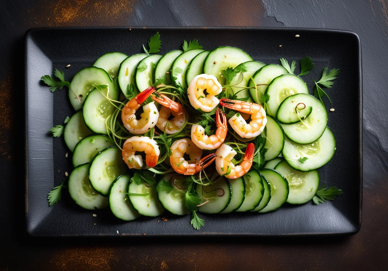 Cucumber Salad with Honey Chili Shrimp