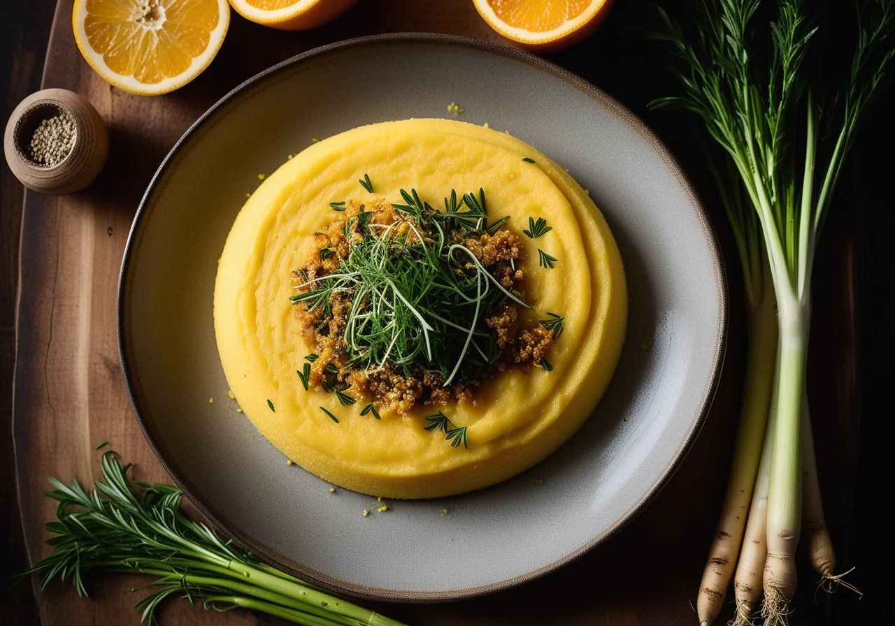 Fried Leek on Carrot Polenta