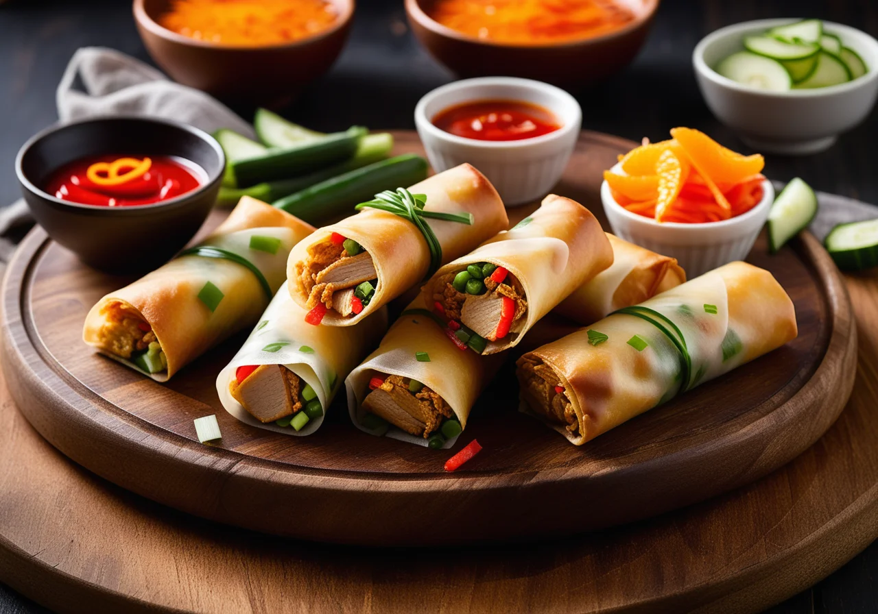 Spring Rolls with Chicken, Vegetables and Sweet‑Sour Sauce