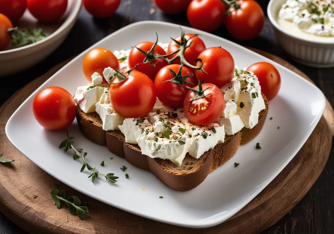 Goat cheese with tomatoes on toasted bread