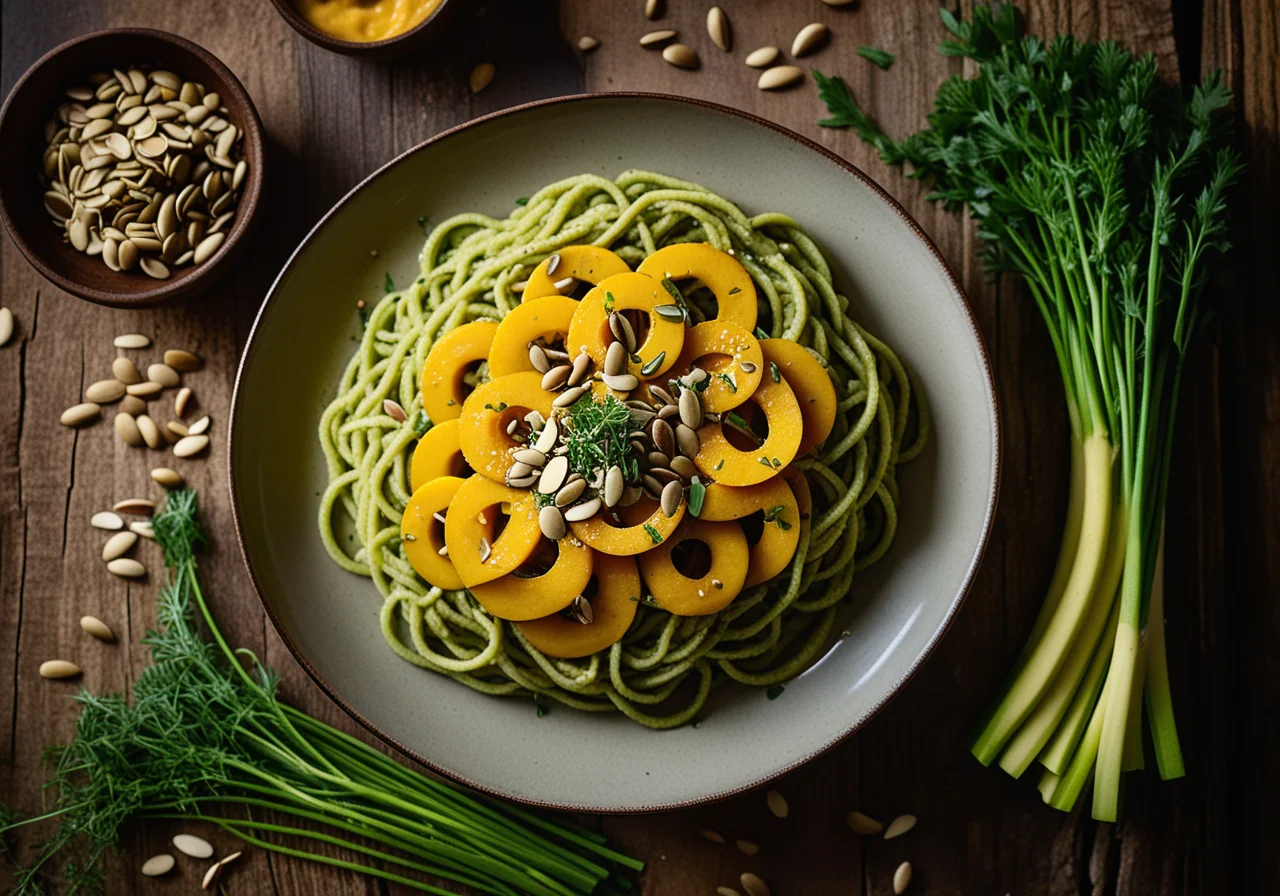 Pumpkin Seed Noodles with Zucchini Sauce