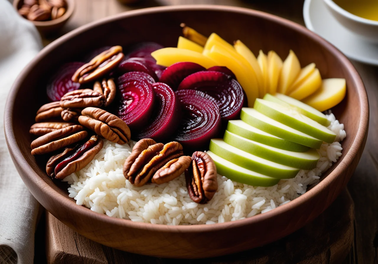Beet and Apple Bowl with Rice, Chicory and Caramelized Shallots