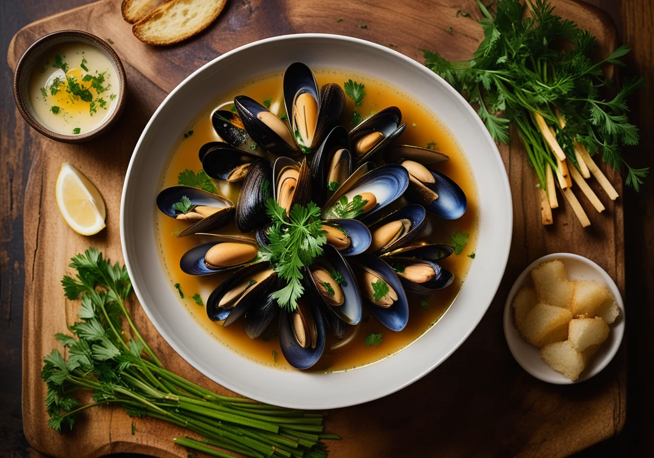 Mussels in Vegetable Broth with Crispy Potato Sticks