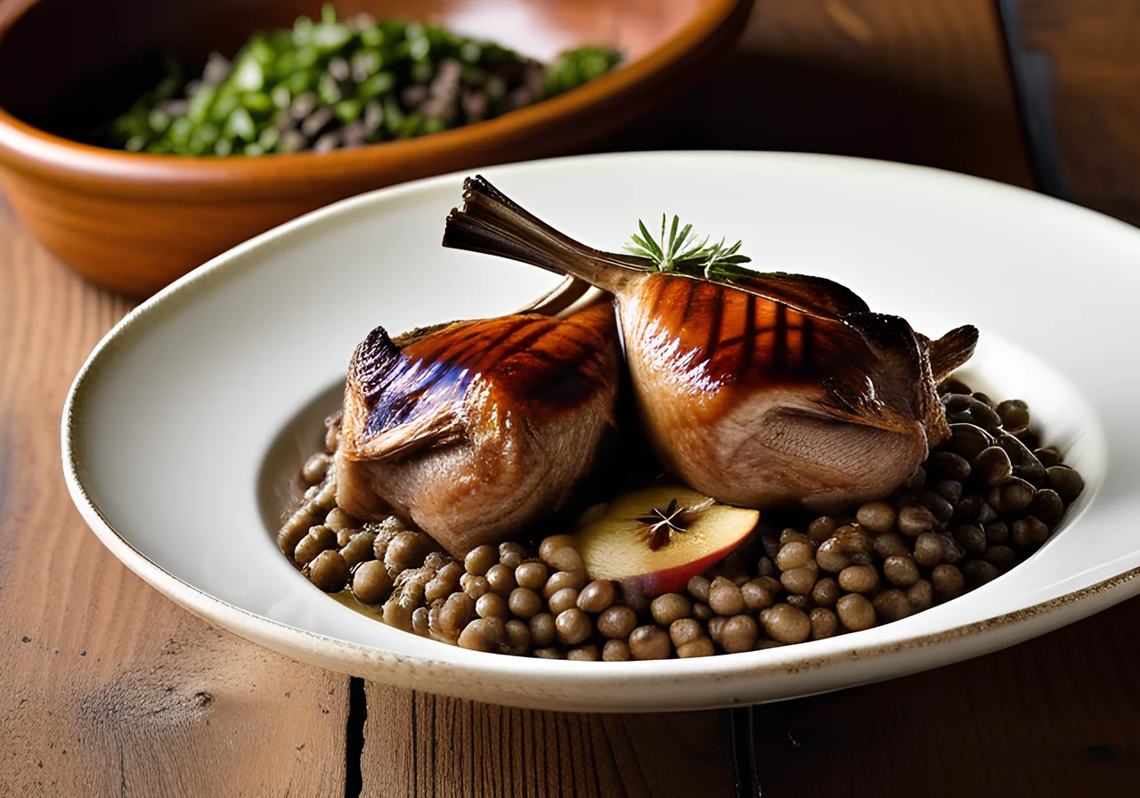 Braised Quail with Lentils, Apple and Leek