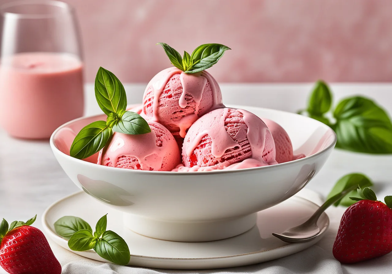 Yogurt Strawberry Ice Cream with Basil