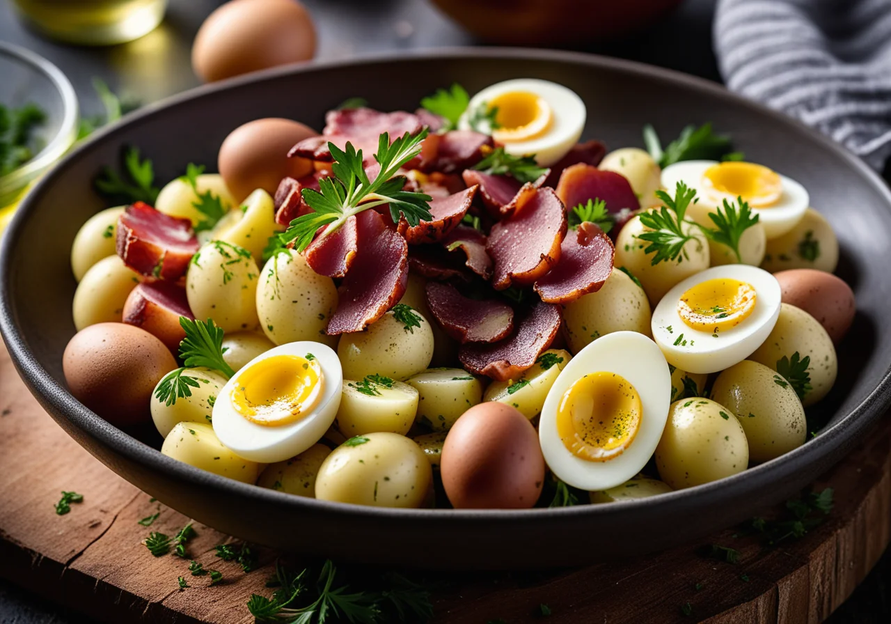 Potato Salad with Bacon, Quail Eggs and Mustard Vinaigrette